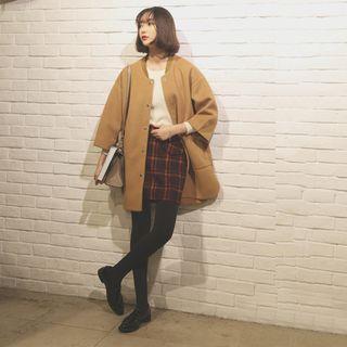 Plain Loose-fit Long Woolen Coat
