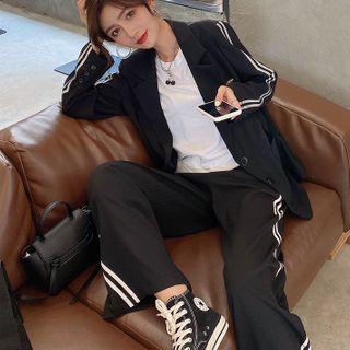 Set: Striped Trim Blazer + Straight Leg Pants