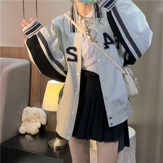 Number Embroidered Striped Bomber Jacket