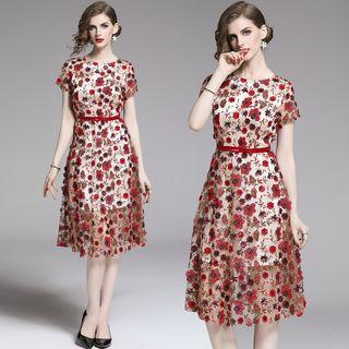 Short-sleeve Floral Embroidered A-line Mesh Dress