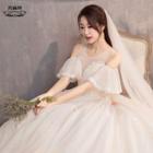 Cold Shoulder Ball Gown Wedding Dress / Long Train Wedding Dress
