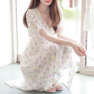 Shirred-sleeve Floral Long Dress