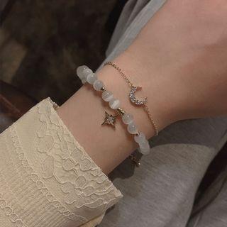 Moon & Star Rhinestone Cat Eye Stone Layered Bracelet 1 Pc - Gold - One Size