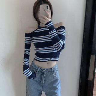 Cold-shoulder Striped Knit Crop Top Black - One Size
