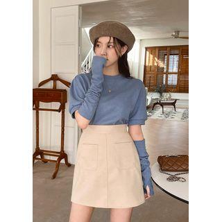 Puff-sleeve Woolen Top & Arm Warmer Set