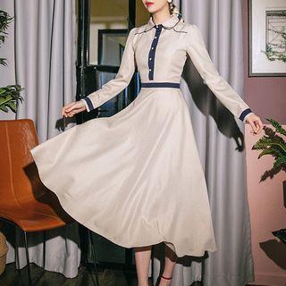 Long-sleeve Collar Contrast Trim Midi A-line Dress