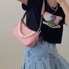 Beaded Faux Leather Shoulder Bag Pink - One Size