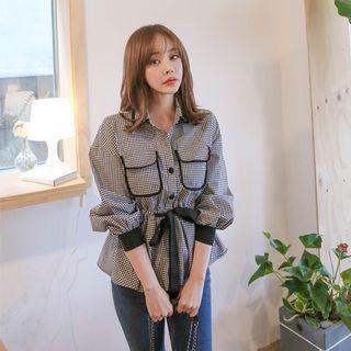 Puff-sleeve Gingham Peplum Blouse
