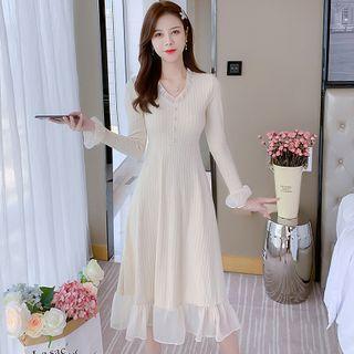 Long-sleeve V-neck Ruffled-trim Knit Dress