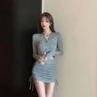 Long-sleeve Hooded Button-up Top / Mini Pencil Skirt