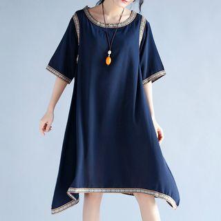 Pattern Trim Elbow-sleeve A-line Dress