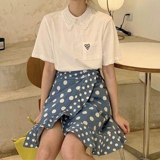 Lace Collar Heart Embroidered Short-sleeve T-shirt / Dotted Mini A-line Skirt