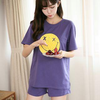 Printed Short-sleeve Loungewear Set Purplish Blue - One Size