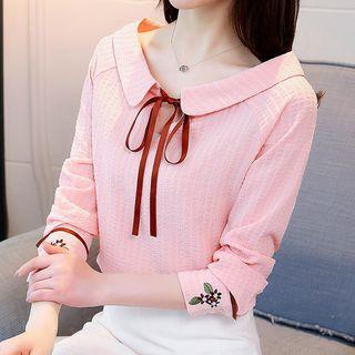 Flower Embroidered Tie-neck Blouse