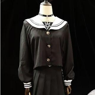 Long-sleeve Sailor Collar Top Black - One Size