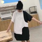 Mock Two-piece 3/4-sleeve Color Block Mini T-shirt Dress