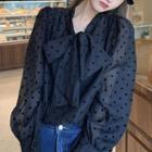 Long-sleeve Bow Accent Dot Blouse