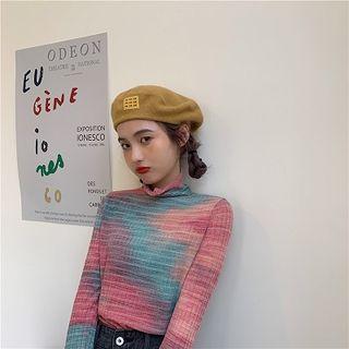 Color-block Turtle-neck Long-sleeve Slim-fit Top As Figure - One Size