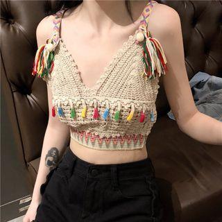 Crochet Knit Tassel Cropped Camisole Top