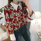 Shirt-collar Cuffed Rose Print Top