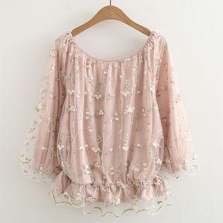 Flower Embroidered 3/4 Sleeve Mesh Top