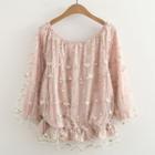 Flower Embroidered 3/4 Sleeve Mesh Top