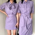 Plain Short-sleeve Shirt / A-line Skirt / Shirt Dress / Set