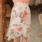 Wrap-front Ruffled Midi Floral Skirt