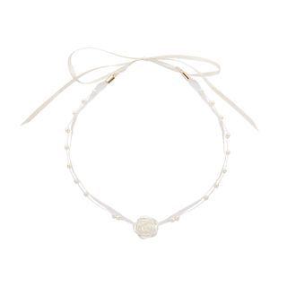 Faux Pearl Layered Mesh Choker Rose Flower - White - One Size