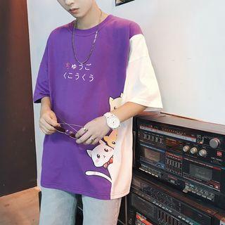 Color-block Cat Print Short-sleeve Tee