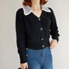 Contrast-collar Knit Cardigan Black - One Size