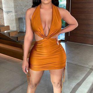 Halter-neck Twist Drawstring Mini Bodycon Dress