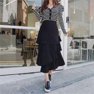 Band-waist Tier-ruffled Midi Skirt