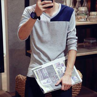 Colour Block V-neck Long-sleeve T-shirt