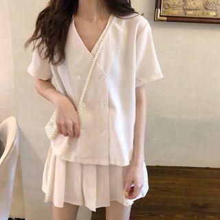 Short-sleeve Double-breasted Plain Blouse / Pleated Mini Skirt
