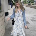 Spaghetti-strap Floral Ruffled Trim Dress / Long-sleeve Plain Lace-up Cardigan