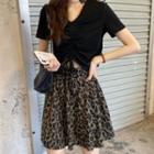Short-sleeve Drawcord Top / Leopard Print Skirt