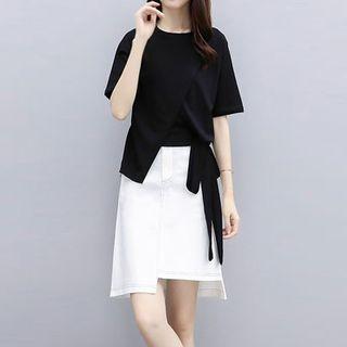 Set: Short-sleeve Tie-waist T-shirt + Asymmetric A-line Skirt