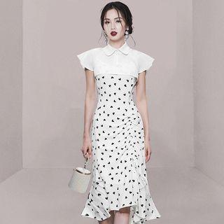 Set: Spaghetti-strap Heart Print Ruffle Hem Sheath Dress + Short-sleeve Shrug