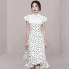 Set: Spaghetti-strap Heart Print Ruffle Hem Sheath Dress + Short-sleeve Shrug