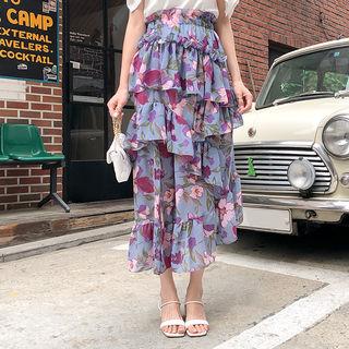 Ruffle-layered Floral Print Chiffon Skirt