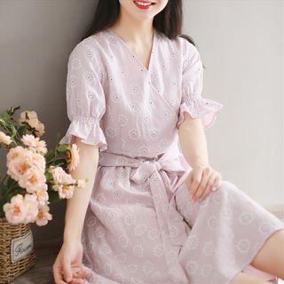 V-neck Bell Elbow Sleeve Eyelet Lace A-line Midi Dress