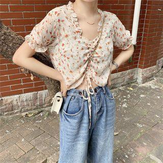 Short-sleeve Drawstring Floral Top As Shown In Figure - One Size