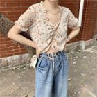 Short-sleeve Drawstring Floral Top As Shown In Figure - One Size