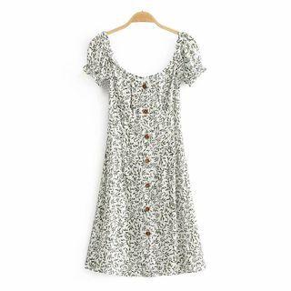 Leaf Print Button Short-sleeve A-line Dress
