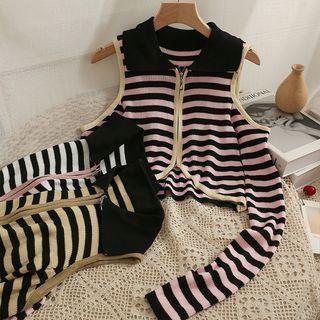 Striped Cutout-shoulder Zipper Crop Top