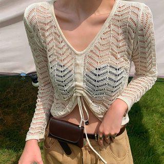 Pointelle Drawstring Crop Knit Top