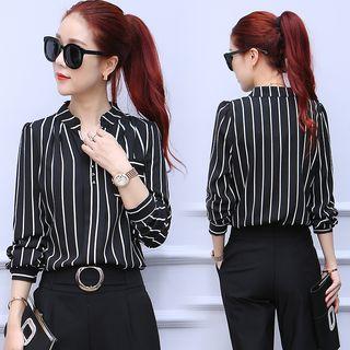 Long-sleeve Stand Collar Striped Blouse