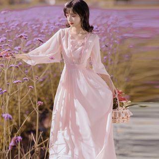 Square Neck Elbow-sleeve Maxi A-line Dress