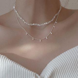 Rhinestone Layered Sterling Silver Necklace Silver - One Size